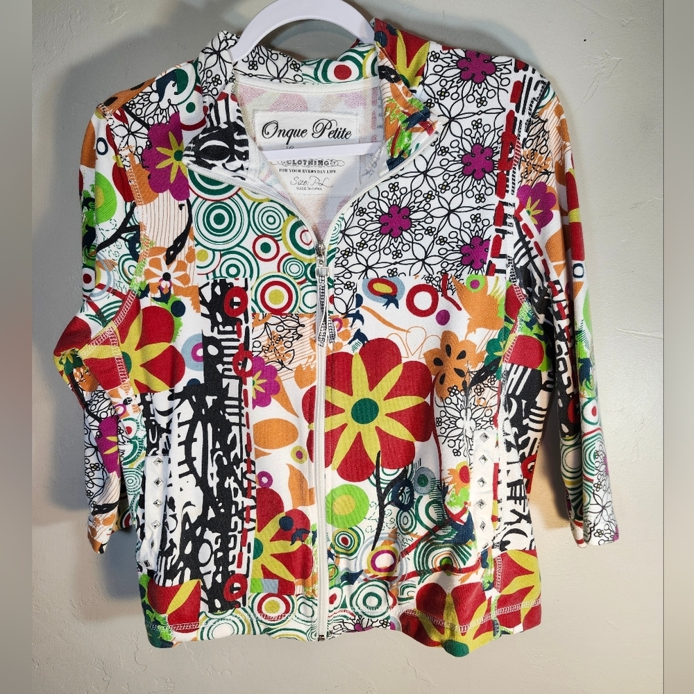 Onque Petite Colorful Floral Zip-Up Jacket 3/4 Sleeve 100% Cotton Fun Sz PL